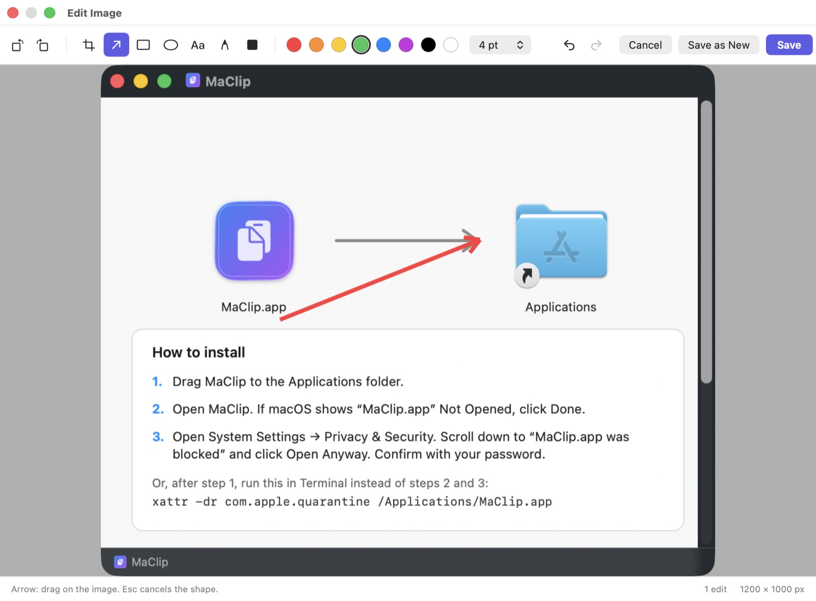 The MaClip image editor with a red arrow on a screenshot, the tool bar at the top and a status bar at the bottom.