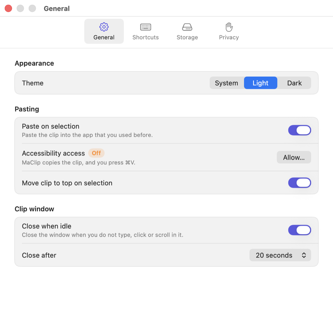 MaClip Settings, General tab: theme, paste on selection, Accessibility access and the clip window options.